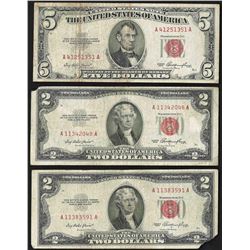 Lot of (2) 1953 $2 and (1) 1953 $5 Legal Tender Notes