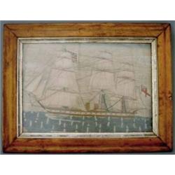 A 19th century sailor's woolwork picture, depicting HMS Mersey (51 Guns), slightly faded, in burr...