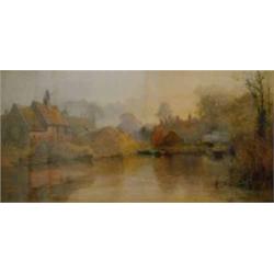 Emily Mary Osborn (1834-?) Watercolour Rural scene with a watermill, barges, moored boats, a vill...