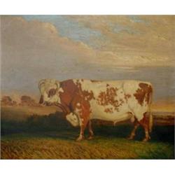 T Henwood Oil on canvas A Hereford bull in landscape setting Signed, dated 1850, inscribed verso...