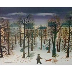 Madeleine de la Giraudiere (1922-) Oil on canvas Snowy park scene with figure walking a dog Signe...