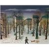 Image 1 : Madeleine de la Giraudiere (1922-) Oil on canvas Snowy park scene with figure walking a dog Signe...