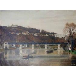 Jean Eve (1900-1968) Oil on canvas The River Seine with bridge and barges Signed 21ins x 28.5ins...