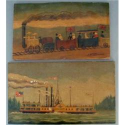 R Brunin Oil on panel 'Premier transport de voyageurs par chemin de fer entre Darlington et Stock...