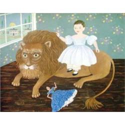 Davies (American Primitive School) Oil on board 'The Lovely Lion', a young child seated on a lion...
