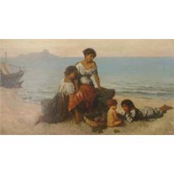 Wilhelm Kray (1828-1889) German Oil on canvas Mother and children on the coast with a basket of g...