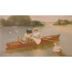 Ferdinand Heilbuth (1826-1889) Watercolour Two elegant young ladies in a rowing boat on a lake Si...
