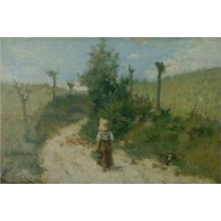 T Signorini (1835-1901) Italian Oil on board Young girl on a path carrying a basket of flowers Si...