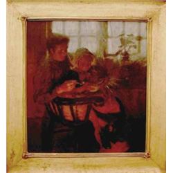 Harold Harvey (1874-1941) Oil on canvas 'Supper Time' Signed and dated 09, label verso 21ins x 19...