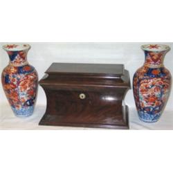 Early C19th mahogany rectangular tea-caddy of waisted form with cut glass...