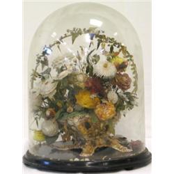 Victorian floral centrepiece made from painted sea-shells, under glass dome,...