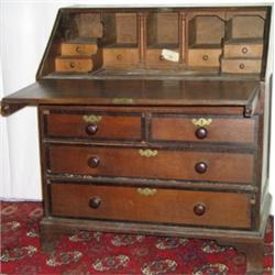 George III oak & mahogany crossbanded fall-front bureau with fitted interior &...