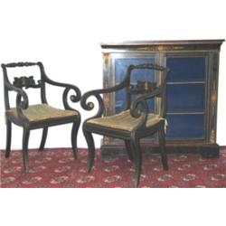 Pair of Edwardian Regency style ebonised & gilt metal mounted reeded elbow...