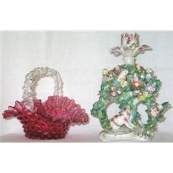 C18th Derby porcelain 'patch mark' period fable candlestick, modelled as two...