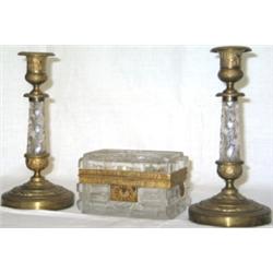 Pair of late C19th French gilt metal candlesticks with spiral cut tapering...