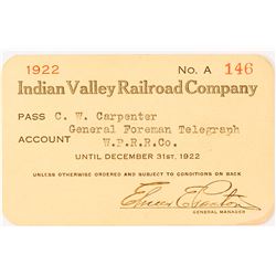 Indian Valley Railroad Co. Pass, 1922
