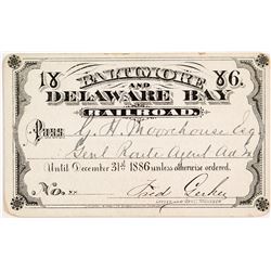 Baltimore & Delaware Bay Railroad 1886 Pass