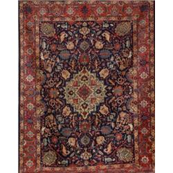 Tabriz Rug, Post 1950, Blue ground with serrated leaf and floral spray field centering a step...