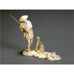 Japanese Large Ivory Okimono of a Fisherman, Signed Udagawa, Tokyo, Japan, Meiji Period (1868-1...