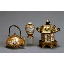 Group of Three Satsuma Articles, Meiji Period (1868-1912), The first, a melon-form teapot dep...