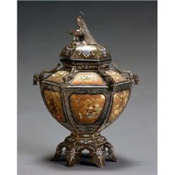 Japanese Shibiyama, Gold Lacquered and Enameled Silver Covered Urn, Signed Ryokoshu Yoshinori,...