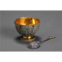 Russian CloisonnT Enamel Silver-Gilt Pedestal Bowl and Spoon, Moscow, Late 19th Century, The...