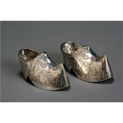 Pair of Dutch Rococo Style Silver Shoes, Circa 1900, Each embossed with harbor landscapes and...