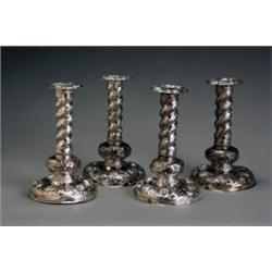 Set of Four Dutch Rococo Style Weighted Silver Candlesticks, Circa 1900, Each having a barley...