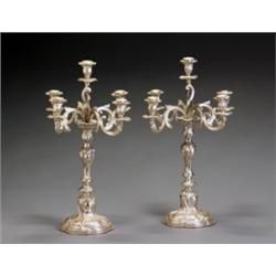 Pair of German Rococo Style Weighted Silver Five-Light Convertible Candelabra, D. Vollgold & So...