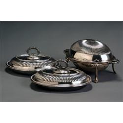 Pair of English Silver Plate Covered EntrTe Dishes and a Breakfast Dish, Late 19th Century, E...