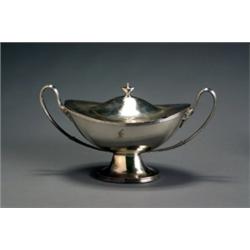 English Silver Plate Covered Soup Tureen, Early 20th Century, The oval body with engraved ini...