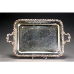 English Silver Plate Two-Handled Tea Tray, Late 19th Century, The edge cast with scrolling fo...