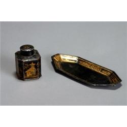 Regency Chinoiserie Painted Black T(le Tea Caddy and a Pentray, Circa 1810, Each decorated in...