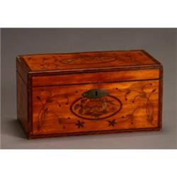 George III Style Marquetry Satinwood Tea Caddy, 19th Century, Inlaid with colored marquetry r...