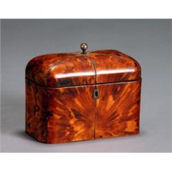 Regency Wire Inlaid Tortoiseshell Tea Caddy, Circa 1810, Rectangular with a hinged domed lid...