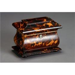 Regency Ivory and Wire Inlaid Tortoiseshell Tea Caddy, Circa 1810, Sarcophagus form, the hing...