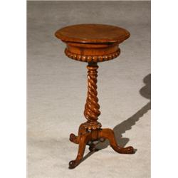 Victorian Pollard Elm Tripod Sewing Stand, Circa 1850, The hinged top opening to view a parti...