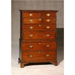 George III Oak Chest-on-Chest, Circa 1770-1790, Brasses replaced; some drawer fronts warped;...