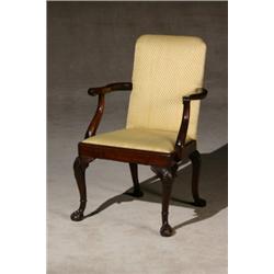 George II Walnut Upholstered Armchair, Circa 1750, Repairs to arms at backrest; some knee ret...