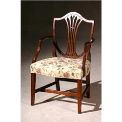 George III Mahogany Shield-Back Armchair, Circa 1790, Repairs to arms at stiles; back feet wi...