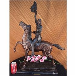 Signed Remington Buffalo Signal Native American on Horse Bronze Sculpture