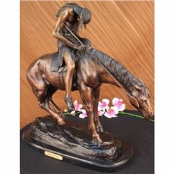 Signed American Remington Indian Man on Horse Bronze Sculpture Marble Statue Art