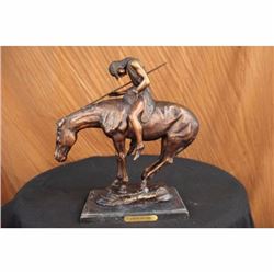 Native American Warrior riding Horse Bronze Sculpture Marble Base Figurine Decor