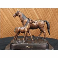 Bronze Sculpture Mare W Her Baby Horse Stallion Farm Art Deco Figurine Moigniez