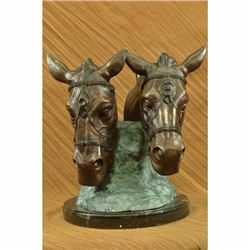 Art Deco 70 LBS Two Horses Head Bust Bronze Sculpture Marble Base Figurine Sale