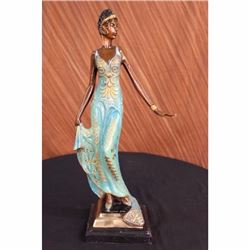 Signed Bronze Marble Statue Portrait Bust Woman Girl Art Nouveau Decor Figurine