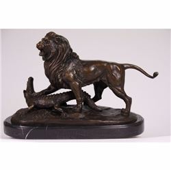 ART DECO LION ATTACKING CROCODILE BRONZE STATUE