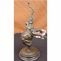 HAPPY ELEPHANT BRONZE SCULPTURE STATUE LUCKY TRUNK UP MARBLE BASE FIGURINE