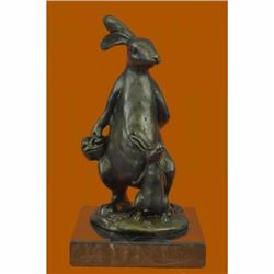 Handcrafted Easter Bunny and Baby Bronze Sculpture Marble Base Figurine Figure