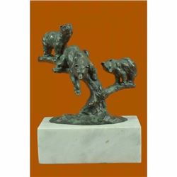 Green Patina Grizzle Bear Family on a Tree Stub Bronze Sculpture Statue Figurine